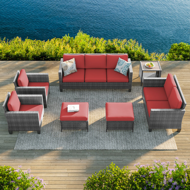 Ensemble de meubles en rotin 7 pièces avec table d'appoint et chaise de patio 7 pièces, Gris, Rouge brique