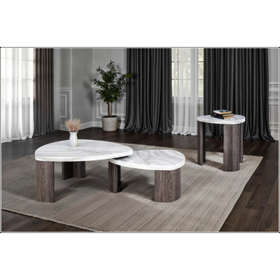 Contemporary Style Triangle 3pc Table Set with Marble Pattern, Space-Saving Design for Primary Living Room