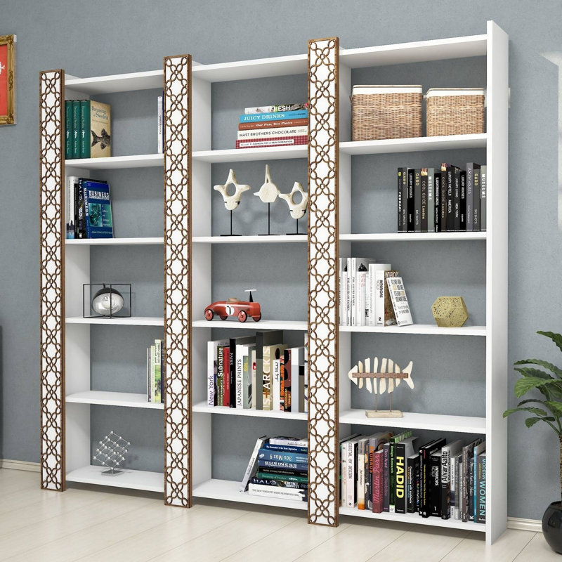 Modern White Bookshelf with Numerous Shelves, 72.7 x 66.9 x 9.5 inches | 100% Melamine Coated Particle Board, Thickness: 0.7 inches | Wall-Mountable Design, Stylish Geometric Look for Home & Office Decor