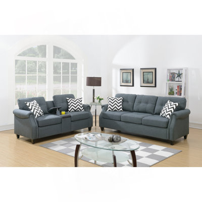 2Pcs Sofa Set Living Room Furniture Blue Gray Plush Polyfiber Sofa Loveseat W Console Pillows Couch