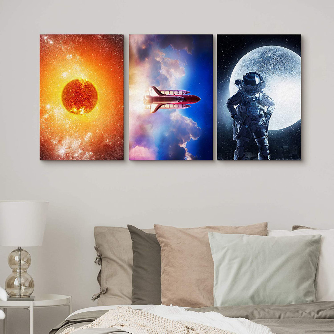 Outer Space " Sun, Rocket Launch And A Astronaut Stand In Front Of The Moon " 3 - Pieces IDEA4WALL 