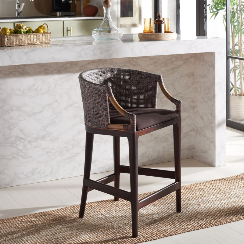 Carneshia Upholstered Solid Wood Counter Stool, Gray/Brown Seat/Brown Frame