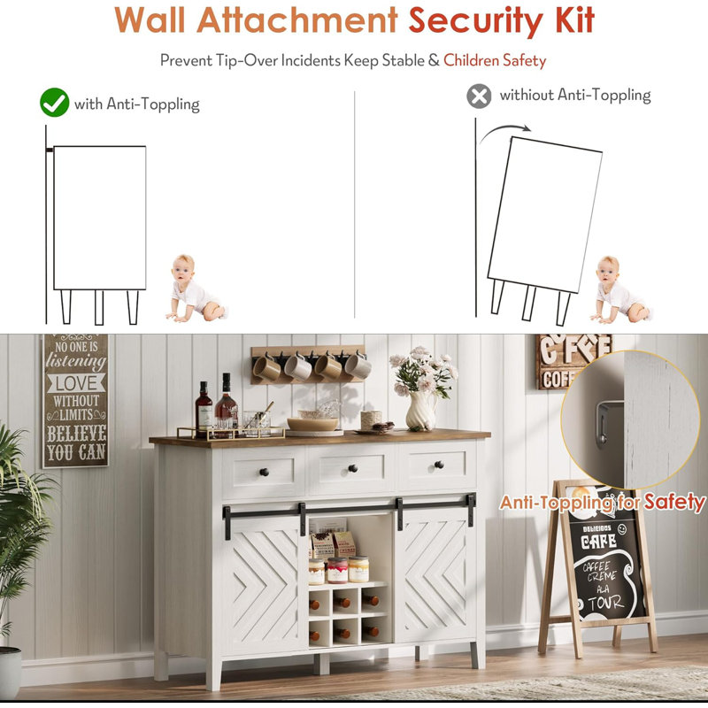 Farmhouse 48" Coffee Bar Cabinet,Kitchen Storage Buffet Cabinet With Sliding Barn Door With 3 Drawers, Beige