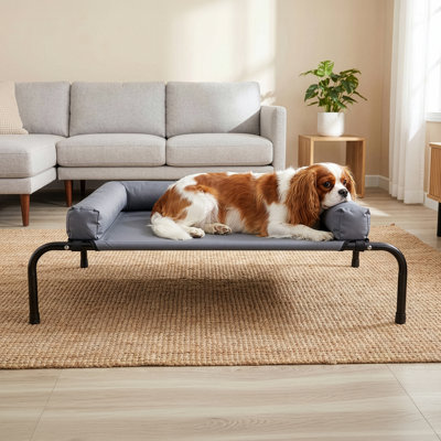 Elevated Dog Bed - 37.5” x 26” Small Dog Cot Bed with 3-Sided Removable Bolster and No-Slip Feet - Pet Hammock for Indoor and Outdoor Use - Essentials for Small to Medium Pets (Gray)