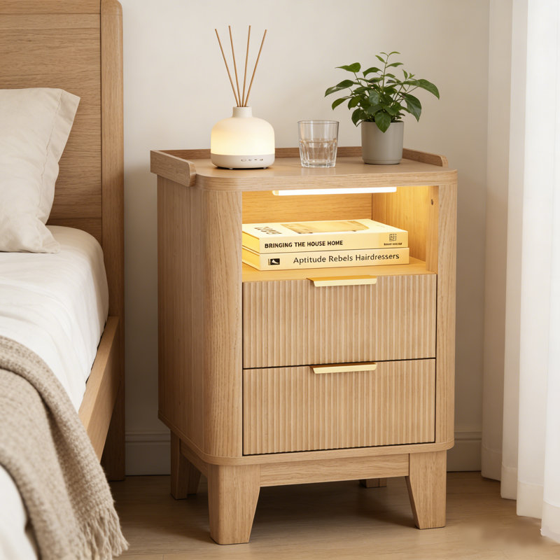 Table de chevet moderne à 2 tiroirs de 21 po avec station de charge et lumières DEL, table de chevet imperméable et résistante aux rayures avec tablette ouverte pour la chambre à coucher et le salon