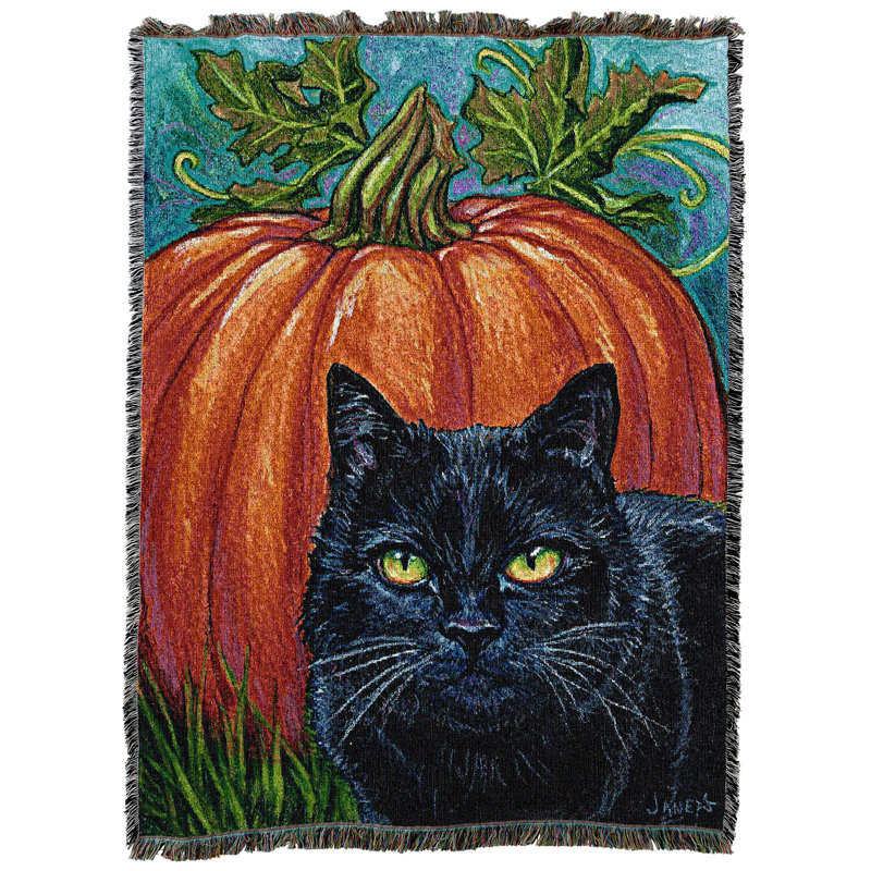 Pure Country Weavers Black Cat and Pumpkin Blanket - Gift Fall Halloween Tapestry Throw Woven from Cotton - Made in the USA (72x54)