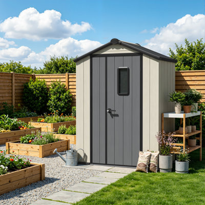 5 FT x 3 FT Wood-Plastic & Galvanized Steel Outdoor Storage Shed, Weather Resistant Backyard Tool Shed with Lockable Door & Ventilation