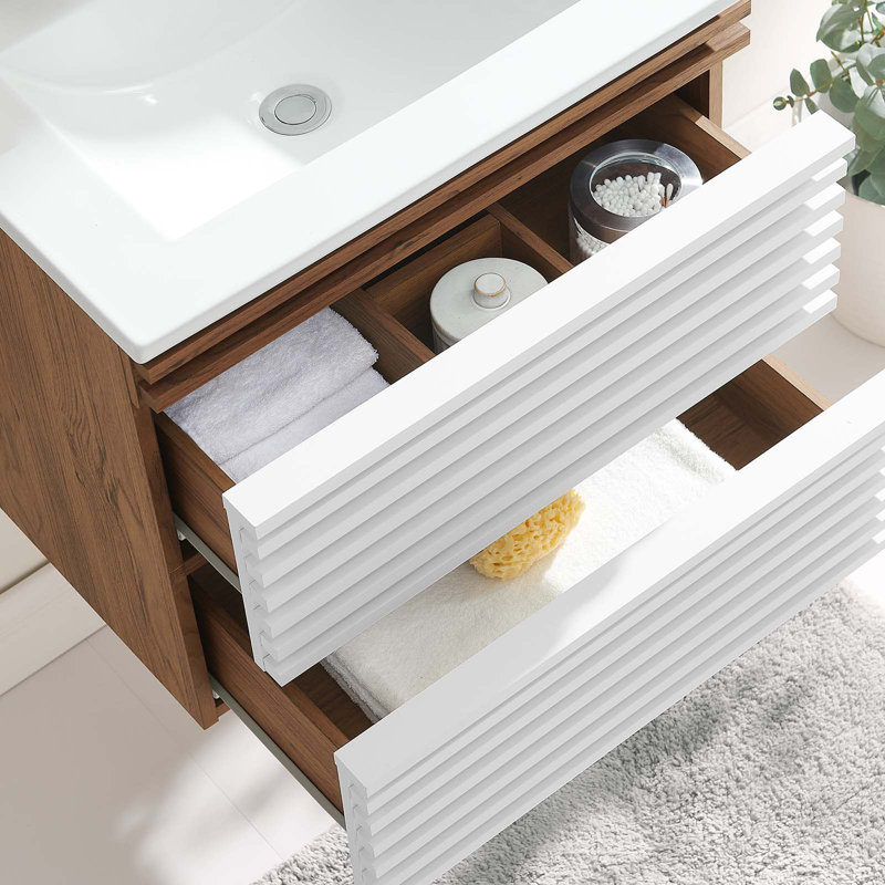 Render 24.5" White and Walnut Wall-Mount Bathroom Vanity