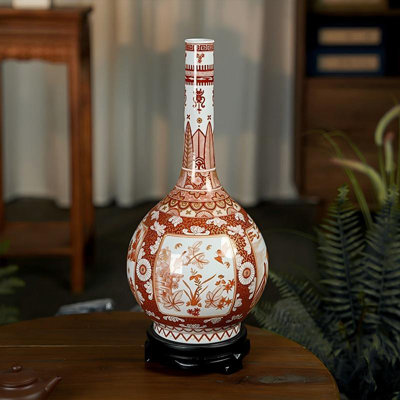 16.73"Jingdezhen Red Phoenix Pattern Celestial Bottle Ceramic Decorative Piece