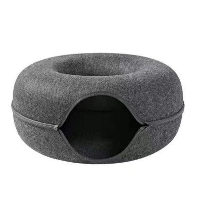 Round Donut Felt Cat Tunnel Bed, 2-in-1 Detachable Zipper Pet Play Tunnel, Multi-Size All Season Washable Dog Cat Nest Bed for Small Kittens Puppies