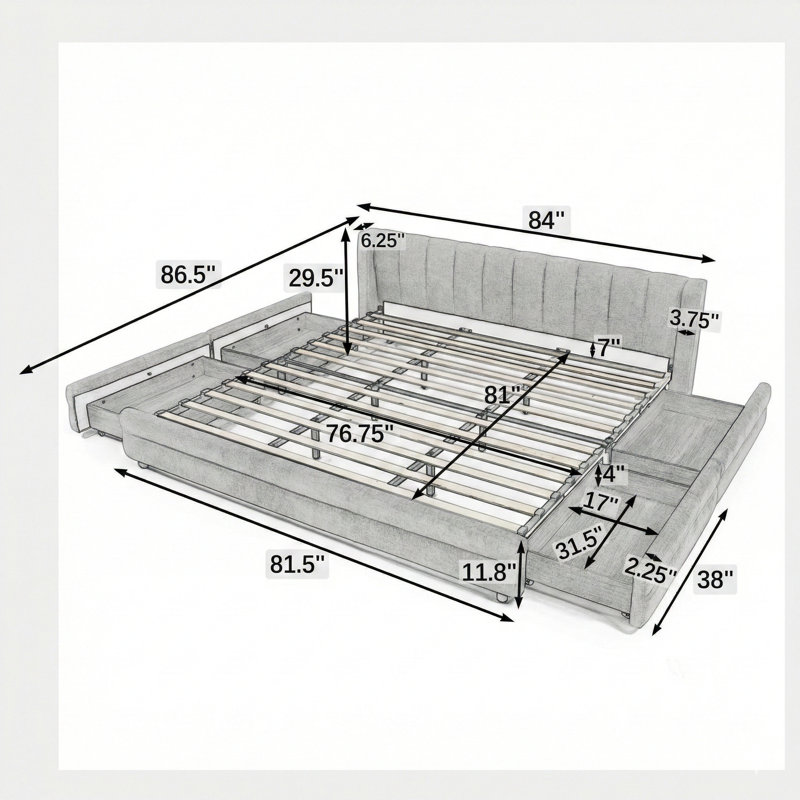 Structure de lit tapissier très grand avec tissu épais pour plus de confort. Recouvert de tissu chenille, comprend une tête de lit et une structure solide, ainsi qu'un tiroir de rangement. Dimensions: 86,5 po x 84 po x 29,5 po. Disponible en beige.