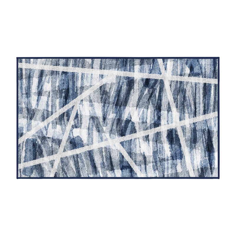 Tapis bleu / blanc tissé à la main Adelaja, Rectangle 7 pi x 9 pi