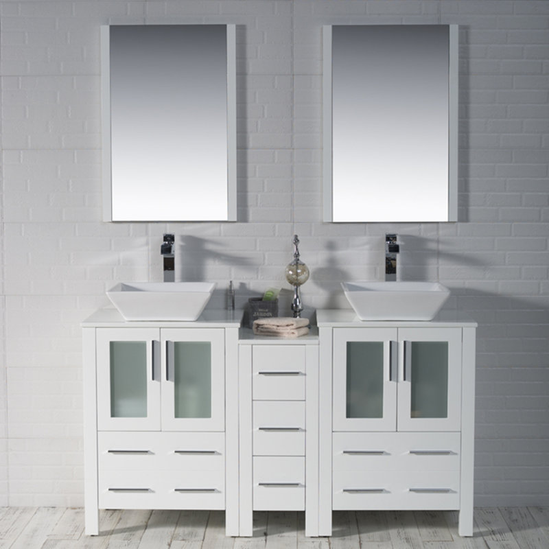 Mance 60.12'' Double Bathroom Vanity with Ceramic Top, Glossy White