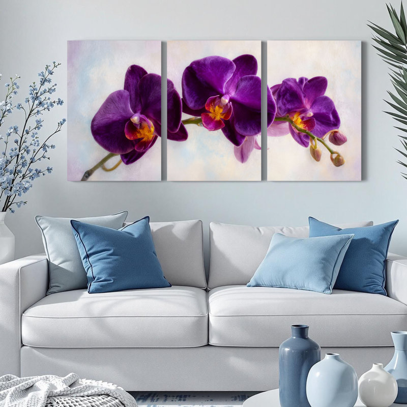 Ensemble de 3 tableaux muraux sur toile à motif floral d'orchidées violettes, H 18 po x l 36 po