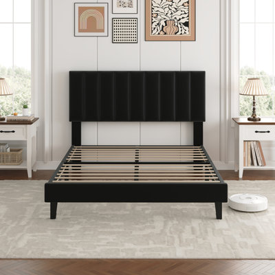 Full Size Bed Frame with Headboard, Upholstered Platform Bed, Vertical Channel Tufted Headboard