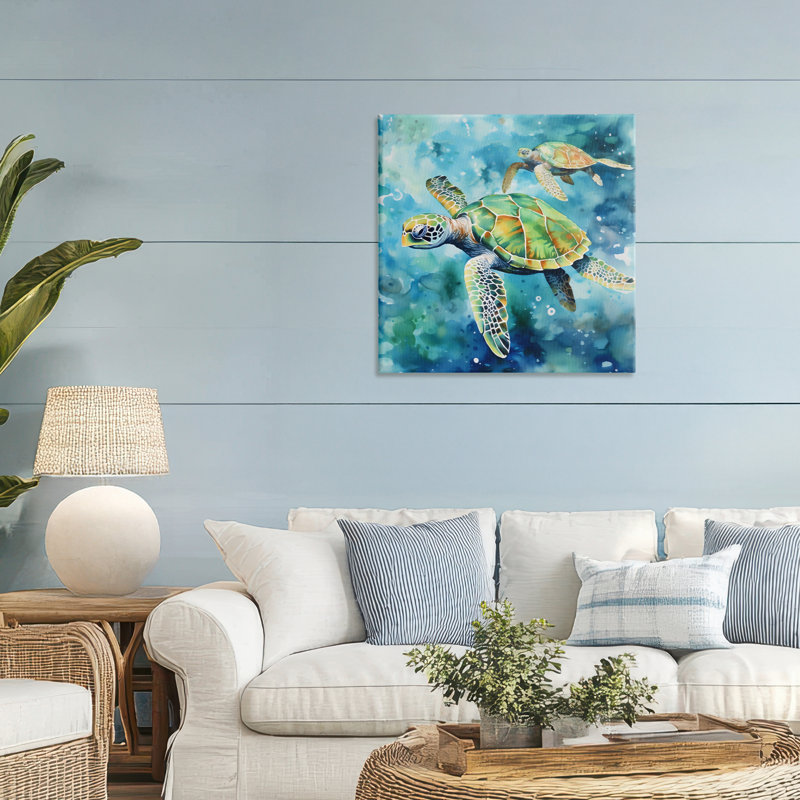 Deux tortues qui nagent sur toile, design par LSR Creative Studio, H 30 po x l 30 po