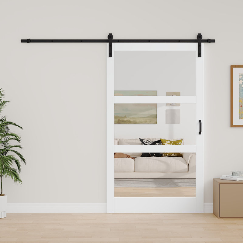 Portes intérieures de grange coulissantes en bois manufacturé 3-Lite Kit-𝘀𝗶𝗱𝗲𝗱 𝗠𝗶𝗿𝗿𝗼𝗿 avec ensemble de quincaillerie