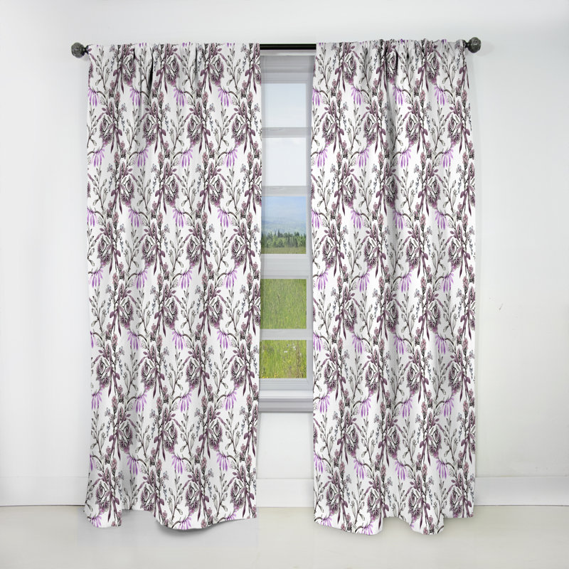 Hand drawn purple flowers - Linen Curtain, 52" W x 120" L