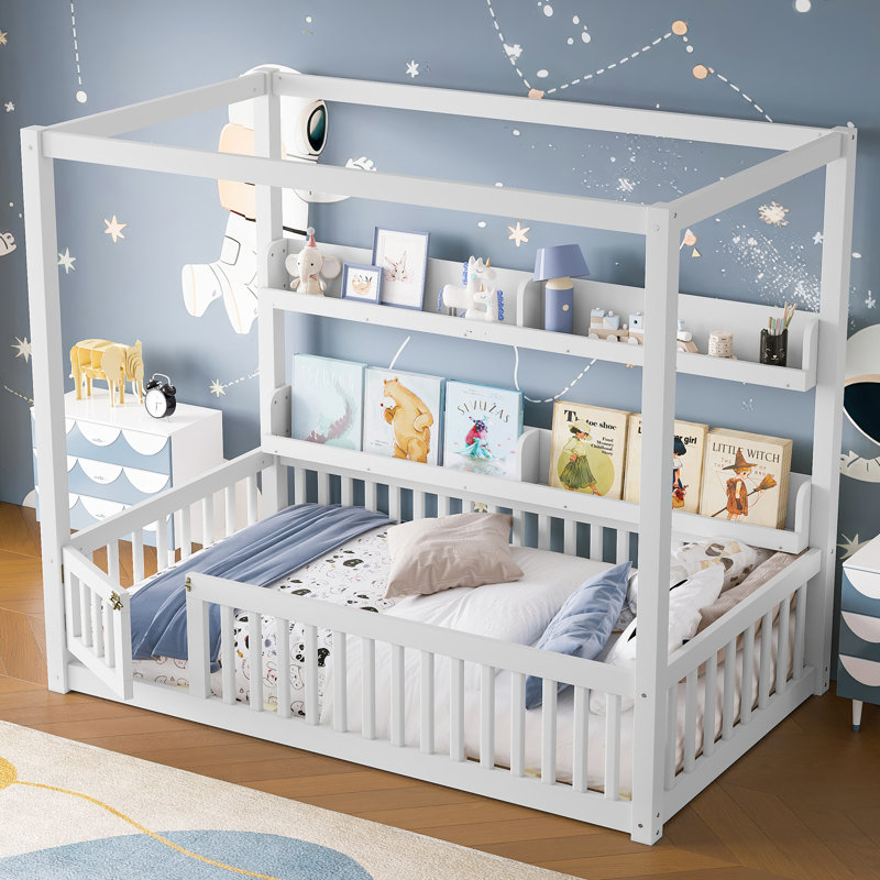 Twin Size Canopy Montessori Floor Bed with Guardrails & Shelves, Solid Wood Kids Bed, No Box Spring Needed, White, Twin