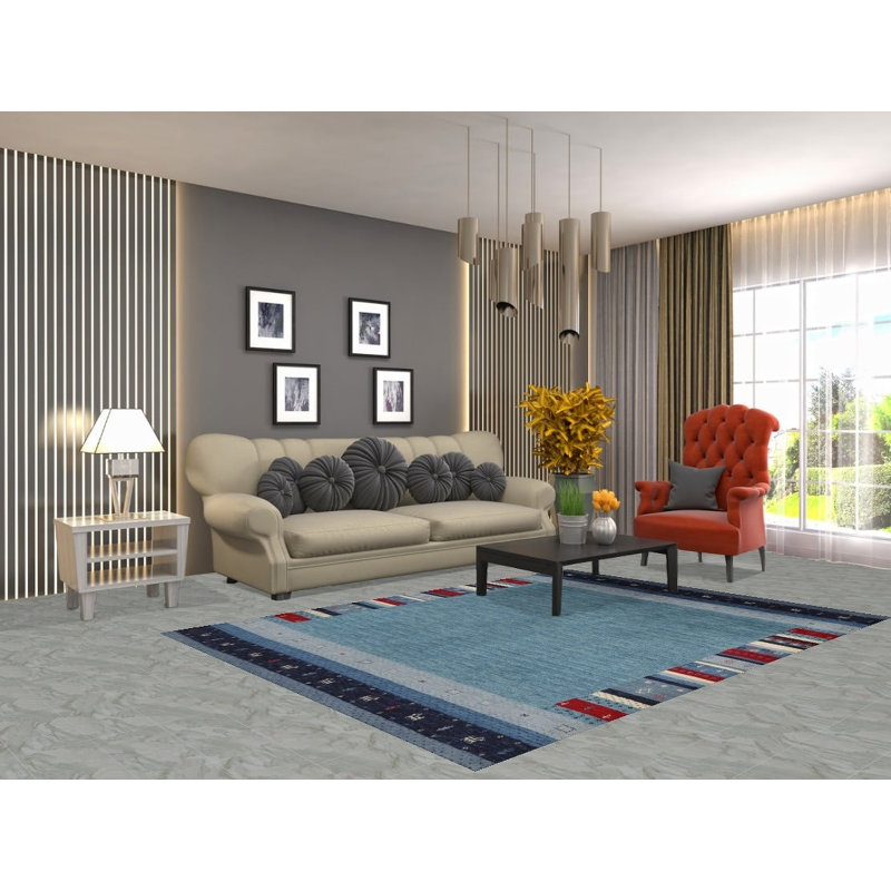 Tapis bleu fait à la main de style indien Gabbeh 6 x 8