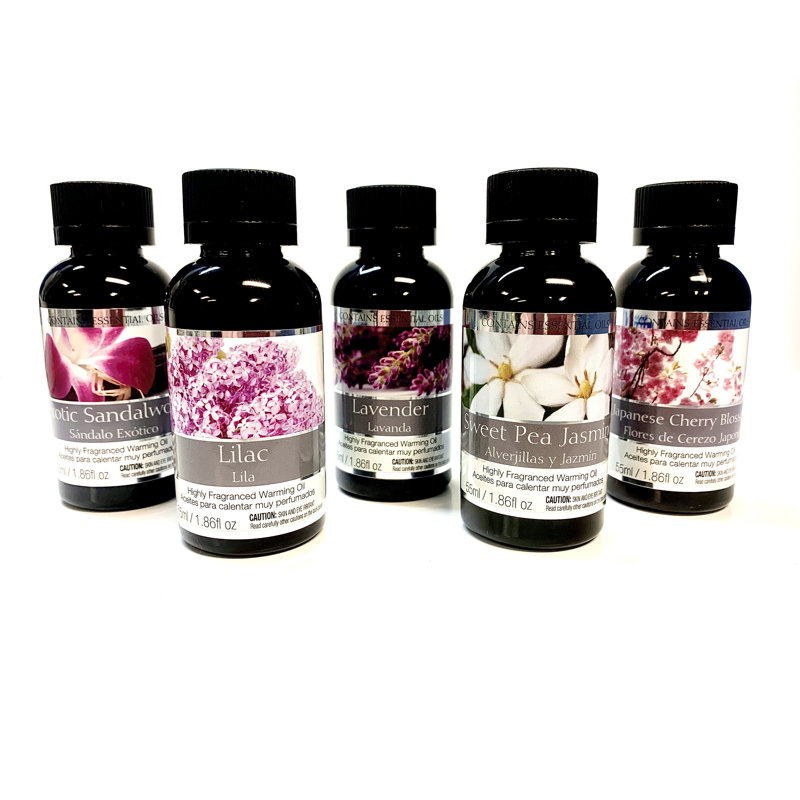 Hosley Set of 5 Assorted Fragrance Warming Oils 55ml Each-Japanese Cherry Blossom Lavender, Exotic Sandalwood, Lilac, Lavender, Sweet Pea Jasmine. Ideal for spa Meditation Bathroom Wellness