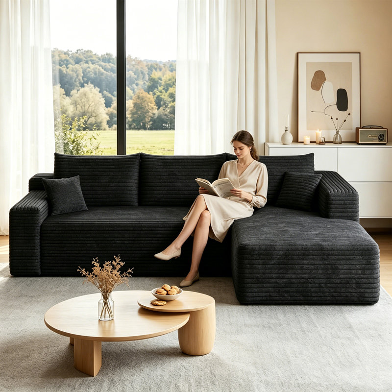 95" Modern Minimalist L‑Shaped Cloud Sectional Sofa, Plush Striped Corduroy Upholstered Corner Couch with Spring‑Pack Cushion, No Assembly Required, Black