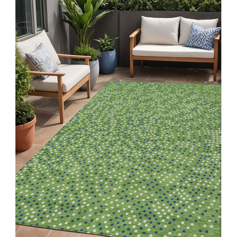 5' X 8' Green Blue And Ivory Polka Dot Washable Indoor Outdoor Area Rug