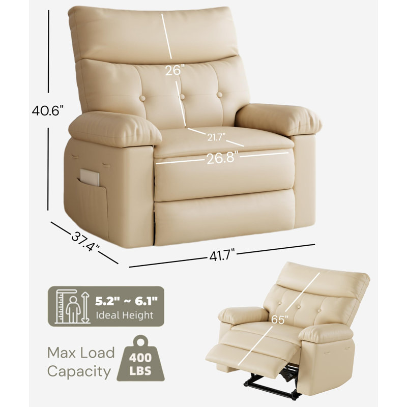 41.7" Wide Oversized Recliner Chair with Heat and Massage, PU Leather Manual Recliner with 1.5X Sponge Filling, Beige