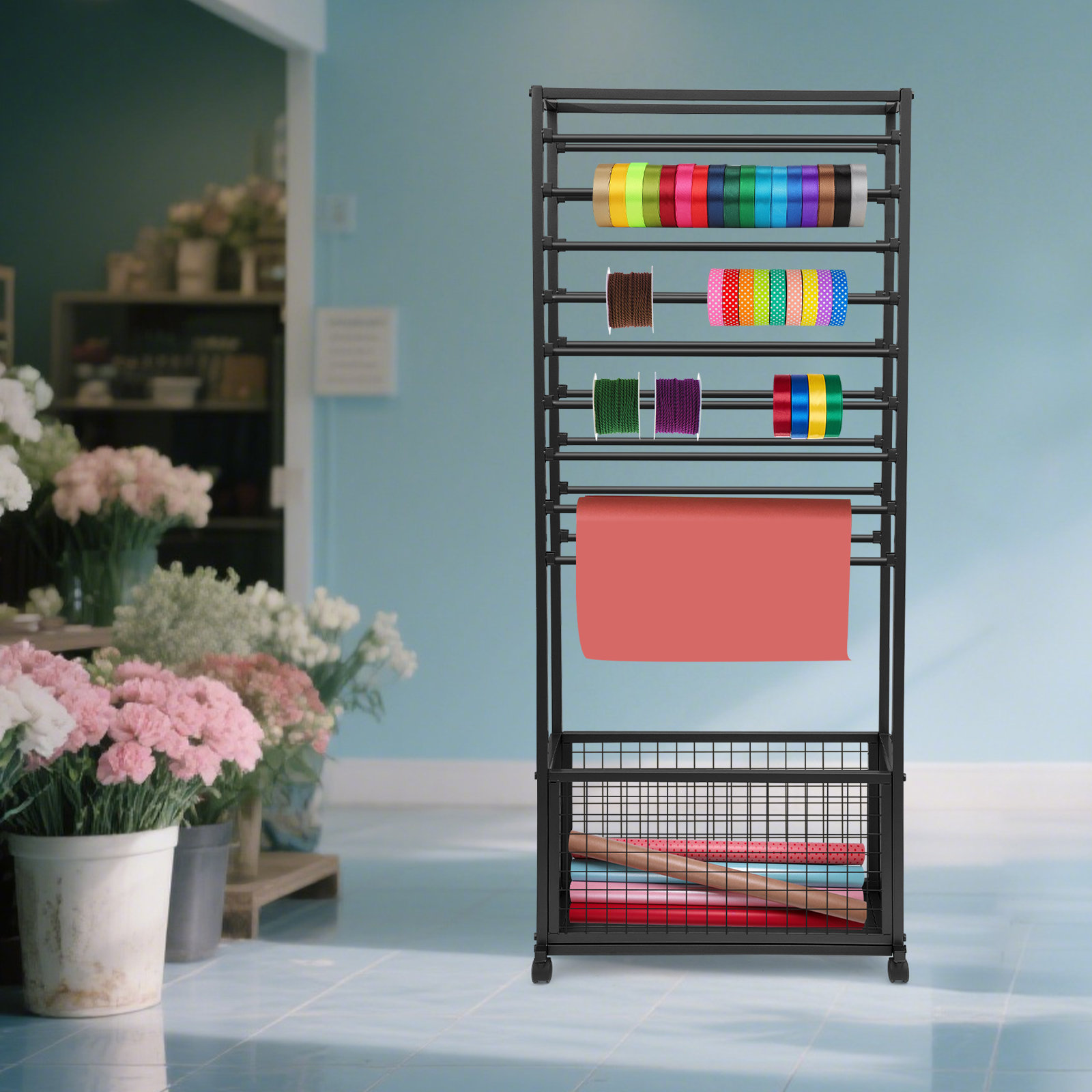 Everly Quinn Freestanding Ribbon Holder Organizer Rack Flower Wrapping ...