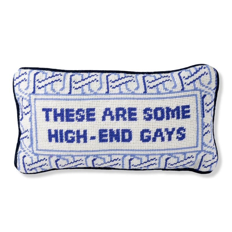 Blue and White Embroidered Wool and Cotton Throw Pillow