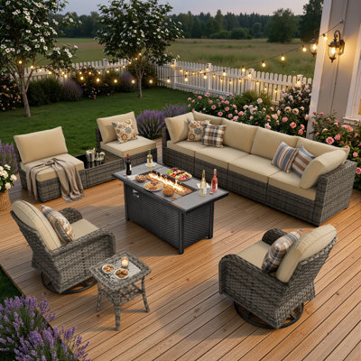 8-Person 11-Piece Modular Gray PE Wicker Outdoor Patio Sectional Conversation Set with Swivel Chairs, Rectangular Propane Fire Pit Table, Side Tables &  Water proof Cushions