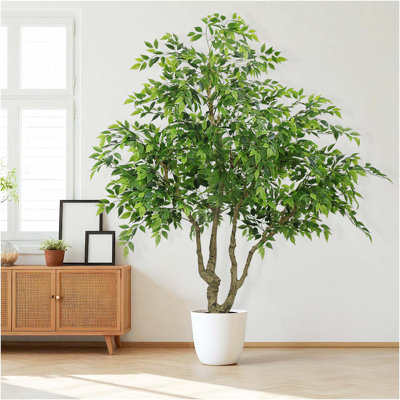 7FT tall artificial banyan tree with natural trunk and realistic silk leaves, large imitation potted green plant for indoor and outdoor home office decoration, 1pc/set