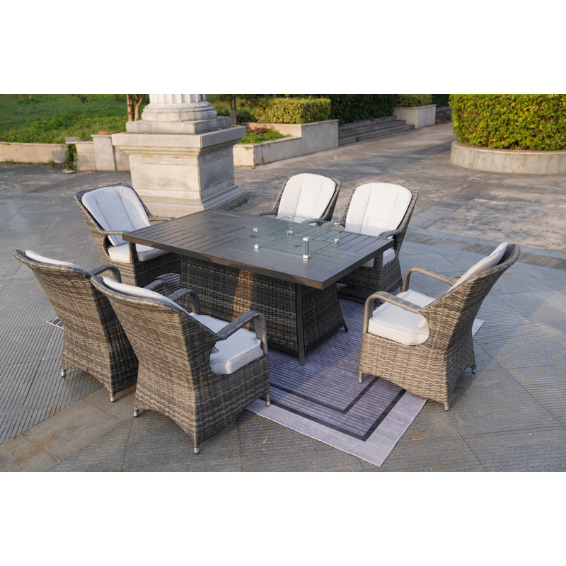 Moda 70 In. X 39 In. X 27 In. Rectangular Wicker Outdoor Gas Fire Pits Table With 6-Chairs1, Grey