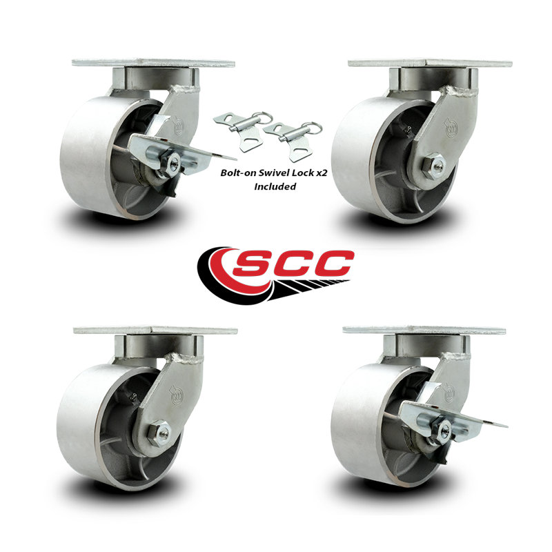 Ensemble de roulettes robustes en fonte semi-acier 2 verrous pivotants 2 freins SCC