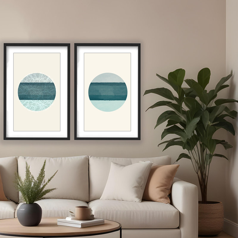 Coastal Retreat Oceanic Duology: Abstract Circles Diptych, 24" H x 32" W