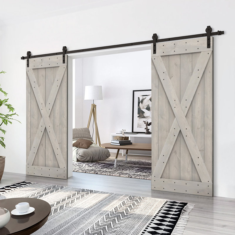 Porte de grange en bois massif lambrissé et métal, Gris argenté, 60 po x 84 po