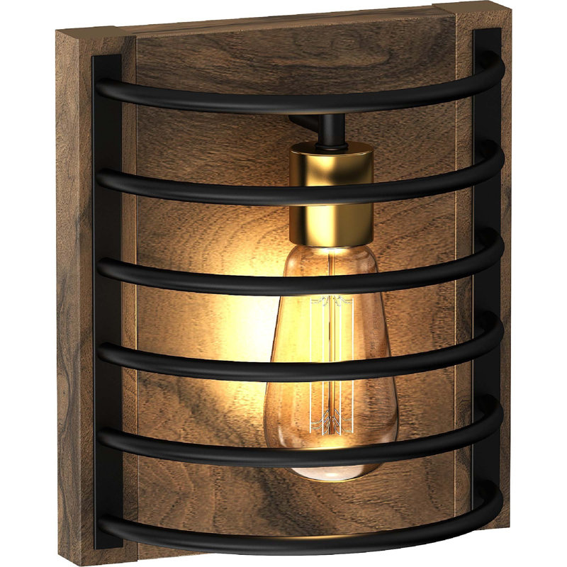  1-Light Indoor Bronze and Walnut Industrial-Inspired Caged Mini Wall Mount or Wall Sconce