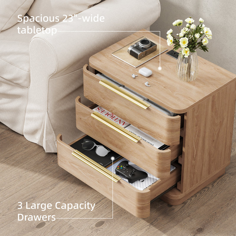 Modern Nightstand Set of 2 with Charging Station, 3 Drawer End Table with USB Ports & Power Outlets, Oak, Oak