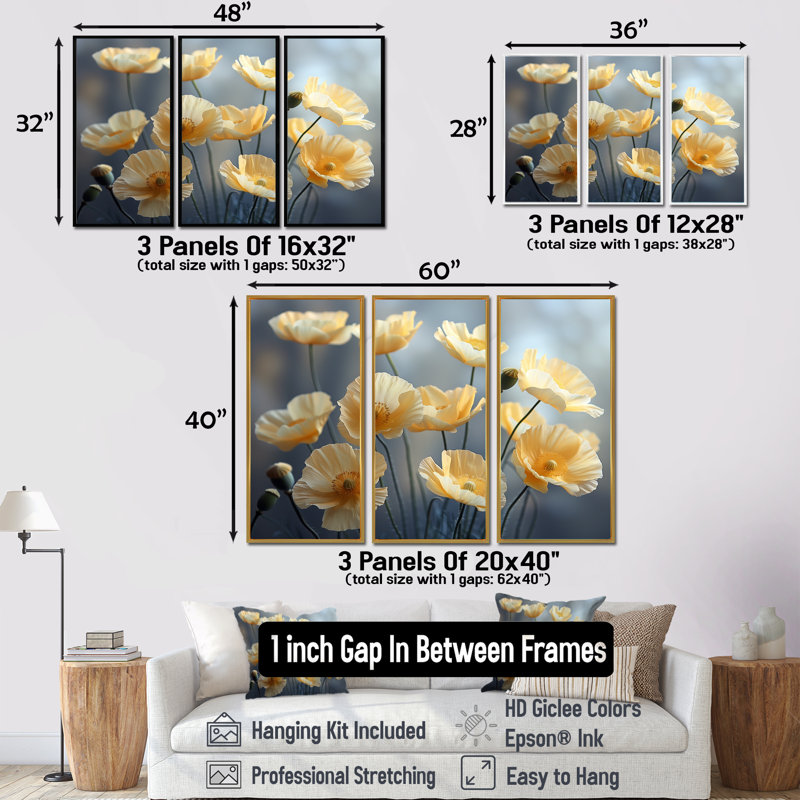 Eshan - ensemble d'art mural coquelicots, Toile naturelle avec cadre flottant, H 40 po x l 60 po x P 1 po