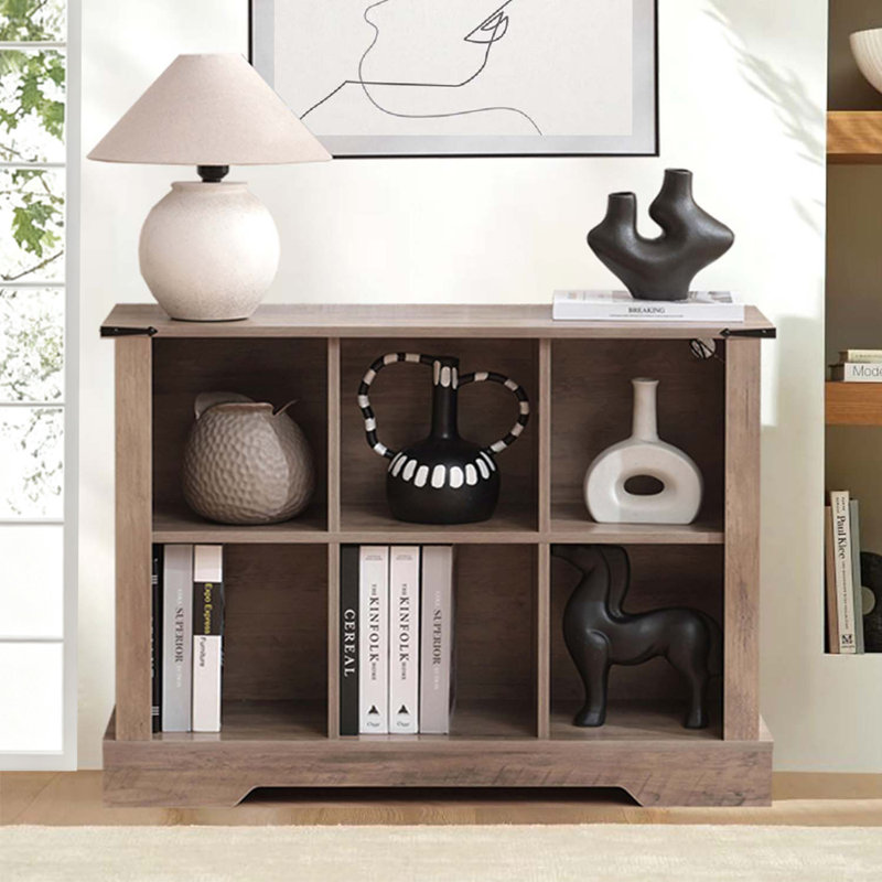 6 Cube Bookcase with Led Lights, Mid-Century Modern Bookshelf, Retro Wood Bookshelves Storage Organizer Shelf, Freestanding Open Book Shelves for Toy Room, Bedroom, Living Room, Office