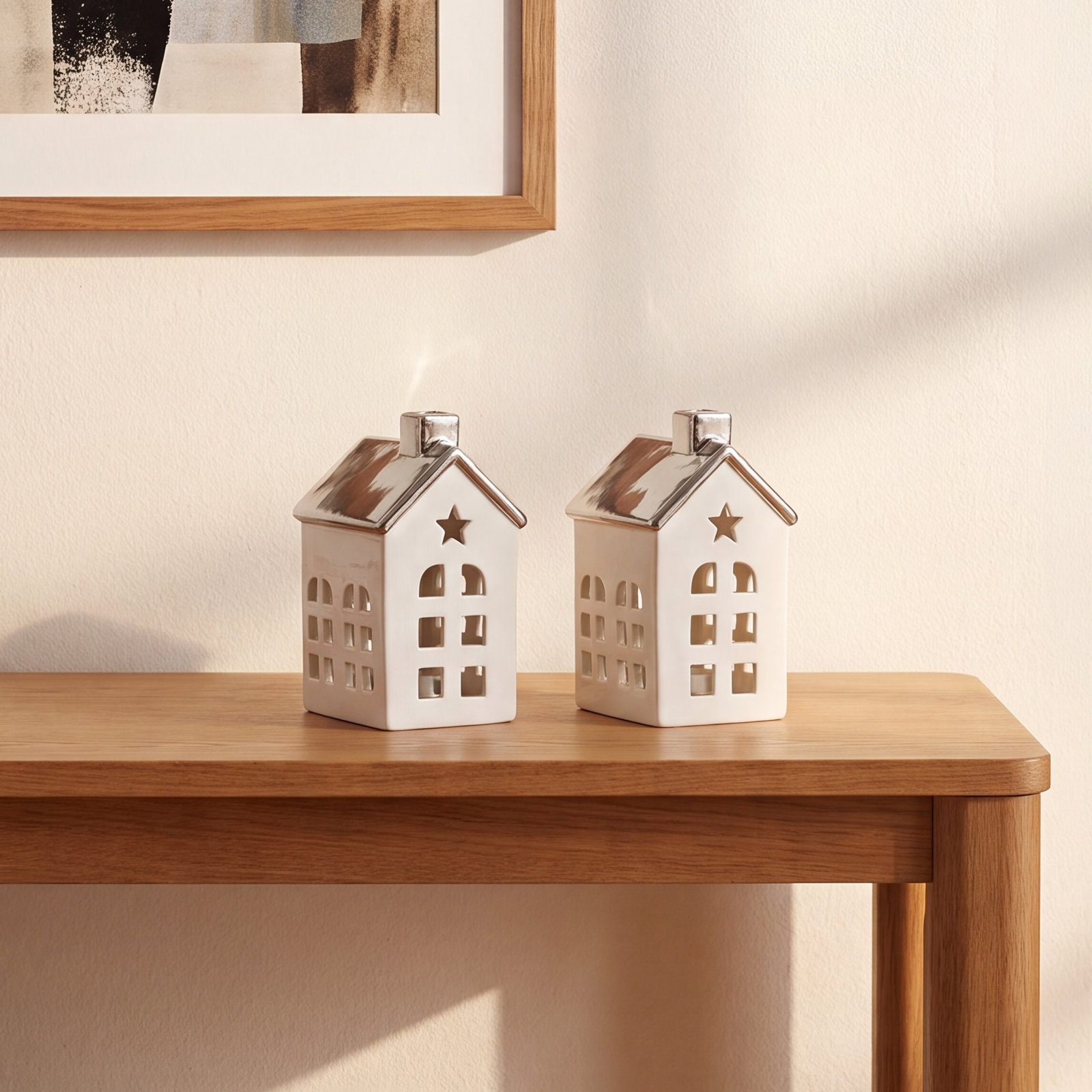 2-Piece Lighted Porcelain Village House Set, 4.25" H x 3" W x 2.5" D, Silver/White