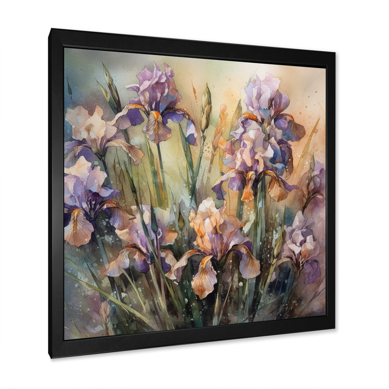 Art mural mauve vert sauvage Iri S II - Iris, Cadre simple noir, H 24 po x l 24 po x P 1 po