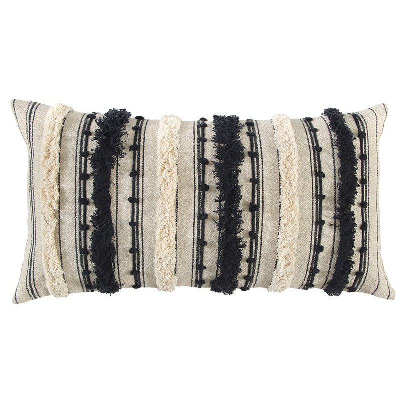 Rectangular Cotton Pillow Cover & Insert, Black/Ivory Striped