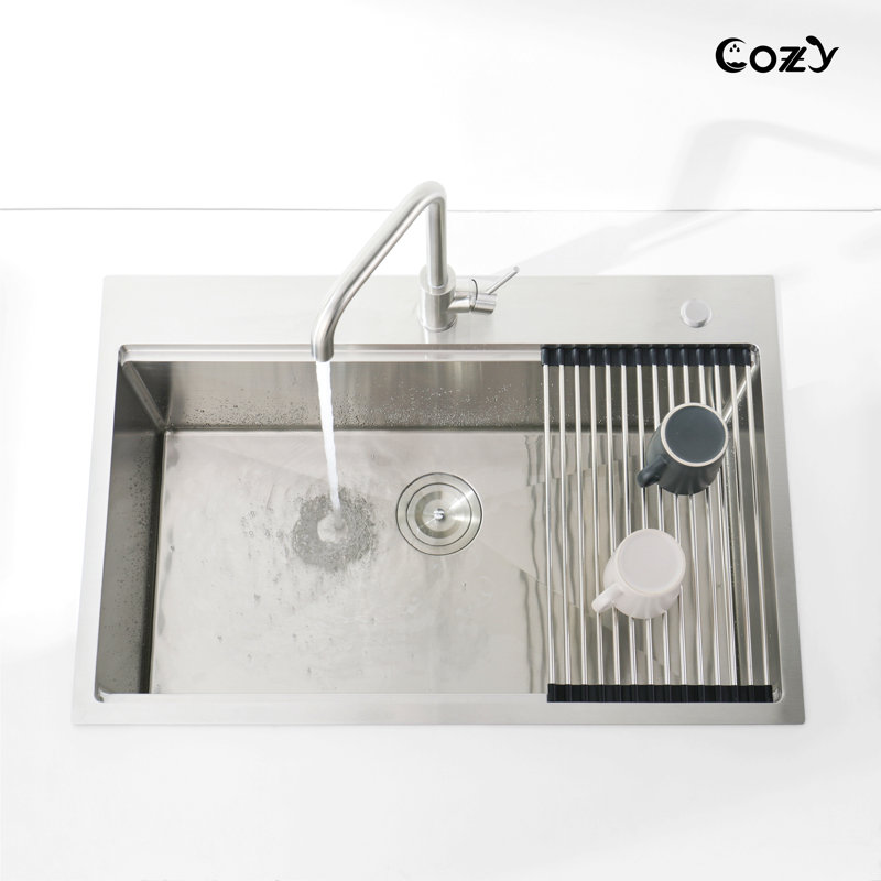 Évier de cuisine en acier inoxydable, bol simple de 30 po x 22 po, lavabo sur pied fait à la main brossé, avec planche à découper, passoire, grille
