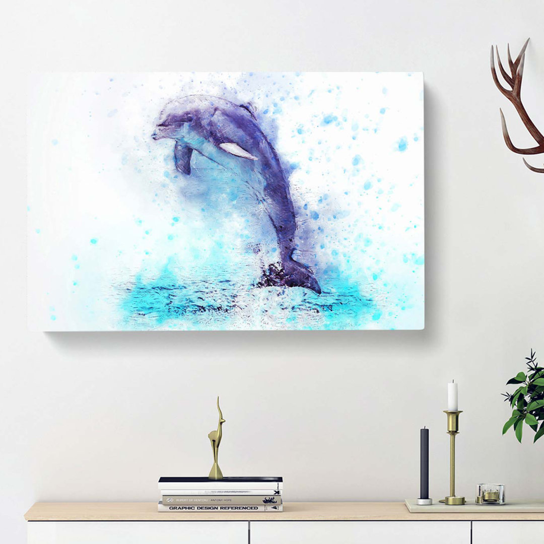 Jumping Dolphin In Abstract - Wrapped Canvas