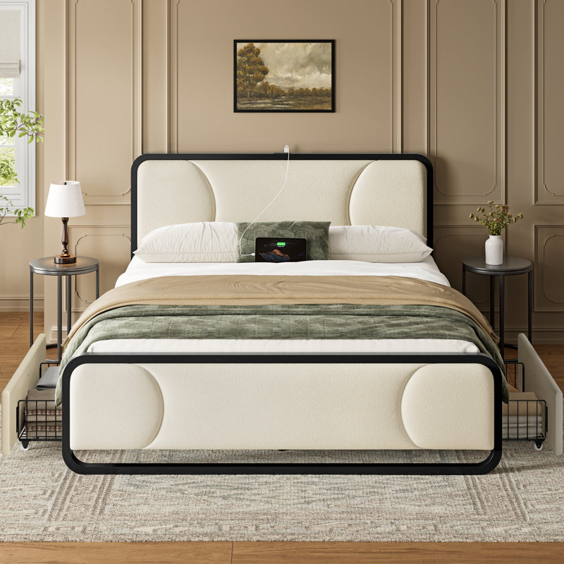 Dorrough Velvet Tufted Storage Platform Bed, Queen, Beige