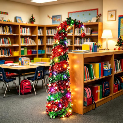 Sapin de Noël artificiel pliable de 1,5 m en forme de canne à sucre incurvée, orné de 50 lumières DEL, de guirlandes rouges et vertes et d'une boule décorative.
