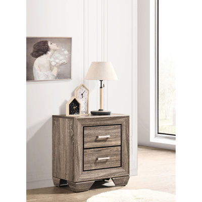 Table de chevet 2 tiroirs en taupe délavé, de forme classique, de construction, avec deux tiroirs pour l'organisation de la chambre à coucher, 23,5 po de largeur et 16,5 de profondeur, 27 po de style rectangulaire, structure, décor idéal, grand