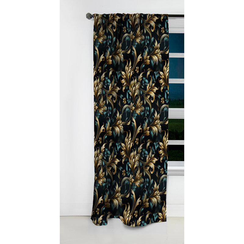 Bleu foncé et doré Techno Damask Realm I - Rideau damassé - Rideau occultant en velours - 1 panneau, L 52 po x L 108 po