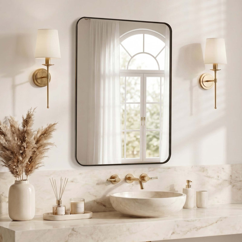 Miroir de salle de bain mural moderne avec coins arrondis Modern, 38 po x 26 po, Noir